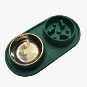 Comedero lento verde con un plato de acero